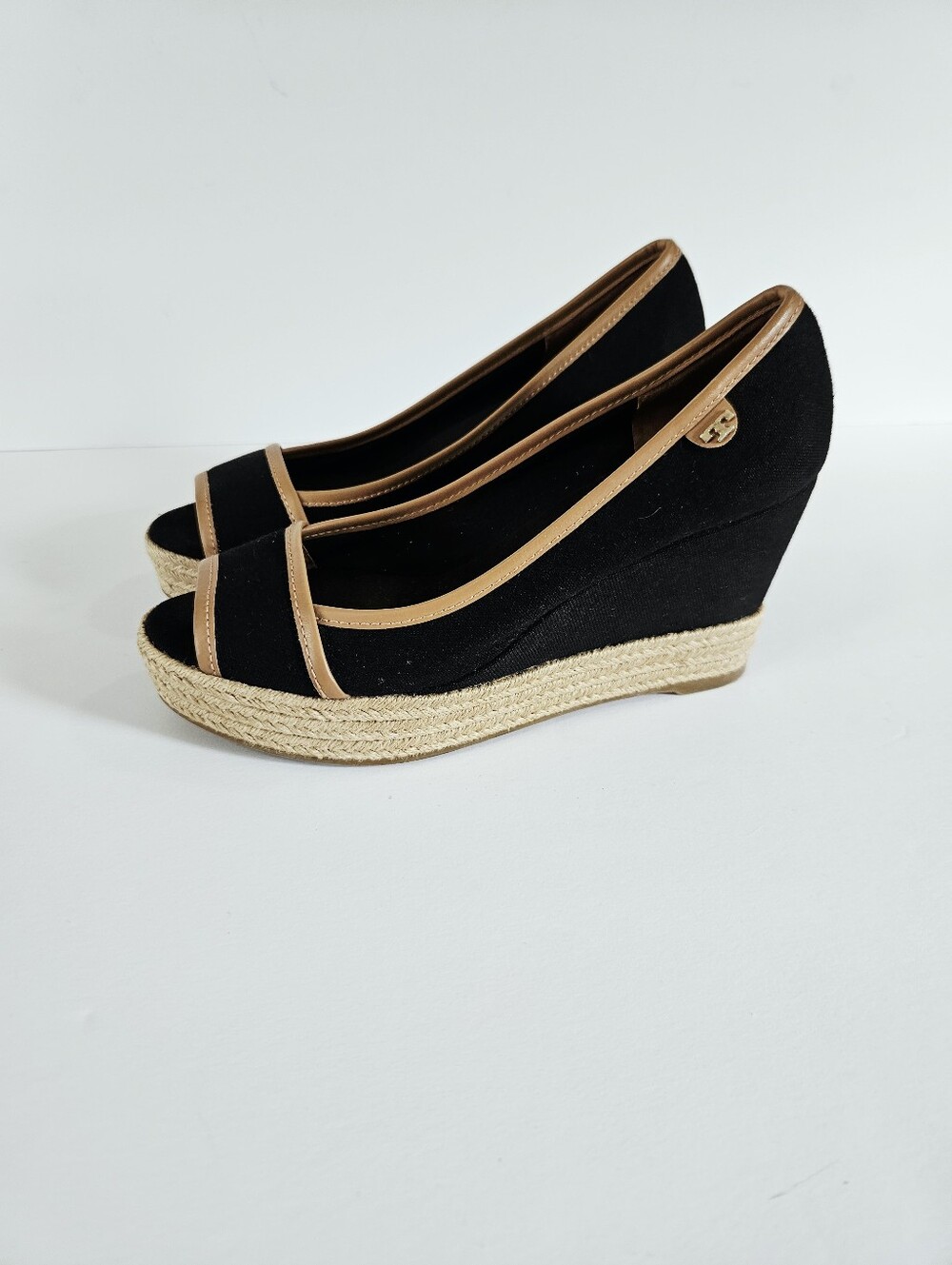 Tory Burch Majorca Peep Toe Black Canvas Leather Jute Espadrille Wedge Sandal 38
